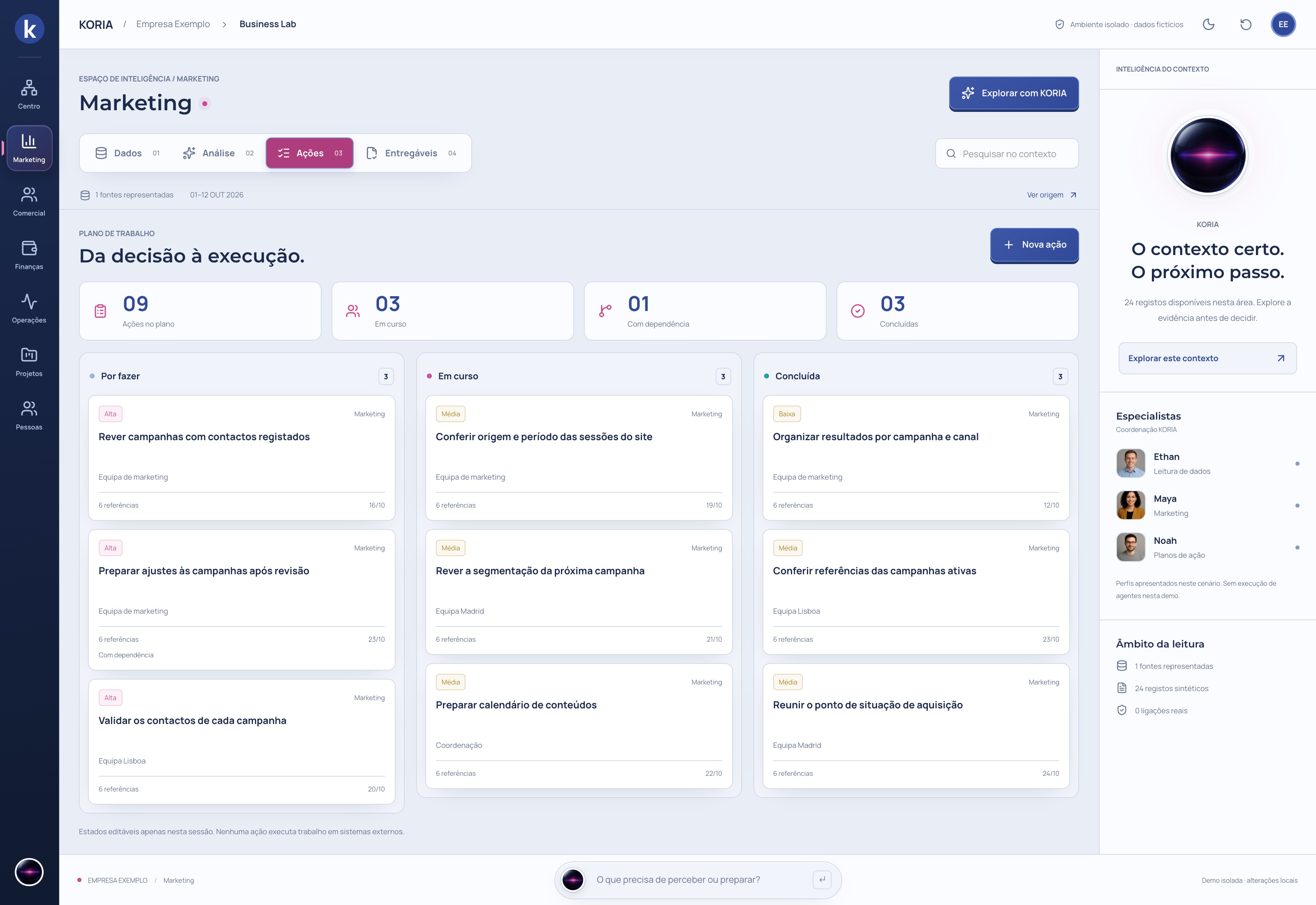 Preparar o que vem a seguir. Interface do plano de ação do KORIA, em modo claro.